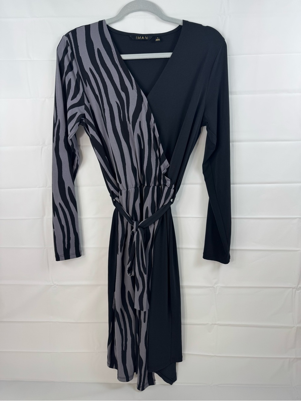IMAN Black Gray Zebra Print Faux Wrap Midi Dress Small